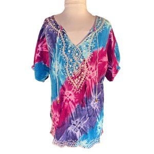 Denim 24/7 Boho Shirt with Vibrant Colors Embellished Design women Size 12W